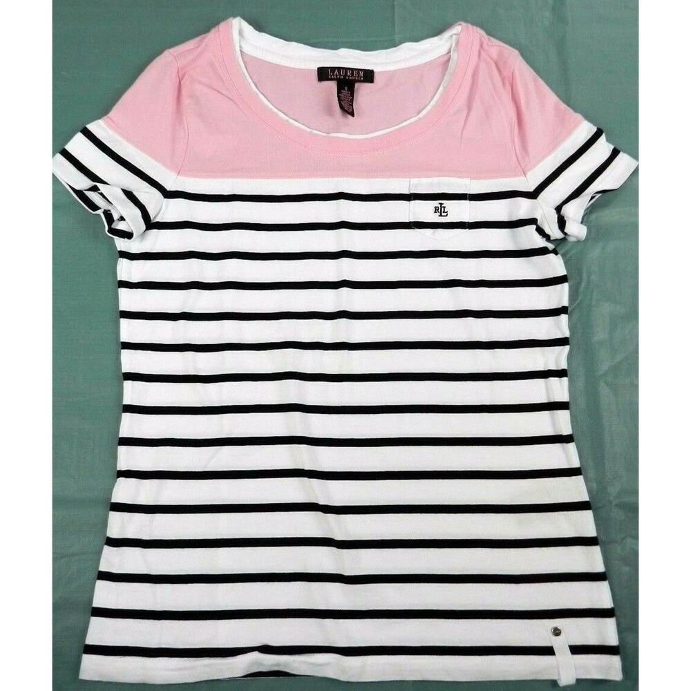 RALPH LAUREN T shirt size SMALL short sleeve striped pink top (p31)